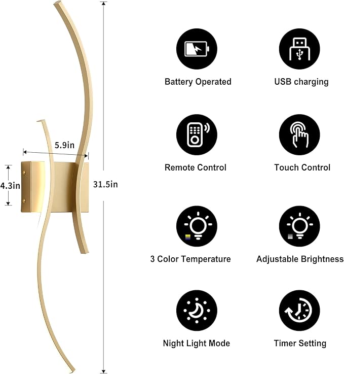 Battery Operated Wall Sconces Set of Two with Remote Control, Battery Wall Light, Stepless Colors 3000K-6000K & Dimming, Brass Rechargeable Wall Sconces for Living Room, Hallway, Bedroom, 31.5 Inch