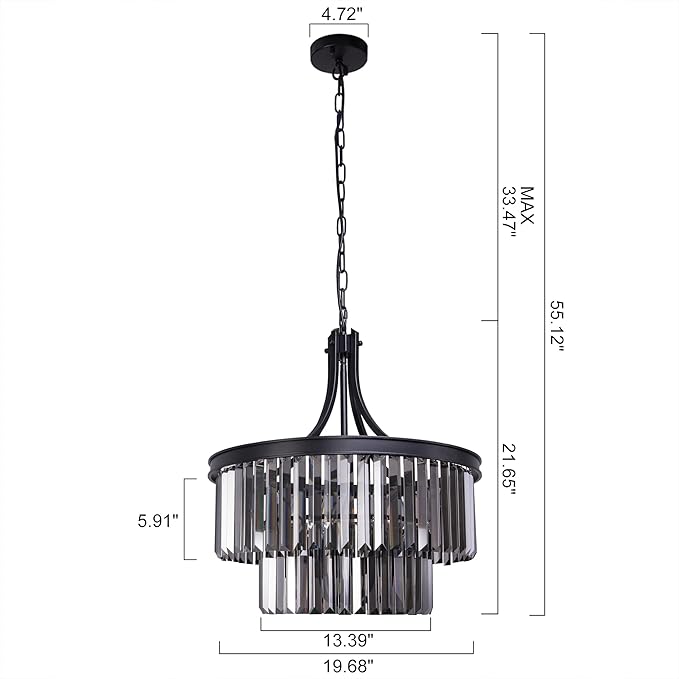 Wellmet Black Crystal Chandeliers, 5 Light Farmhouse Chandeliers for Dining Room, Hanging Light Fixture with Grey Crystal, 2 Tiers Ceiling Lights for Living Room, Kitchen, Bedroom, Entryway, 19.68''D