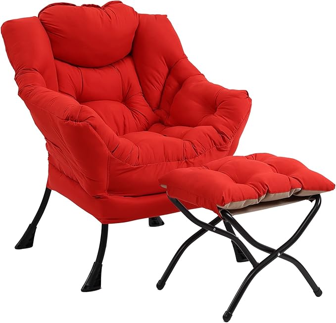 Lazy Chair with Ottoman, Modern Chair with Folding Footrest, Red Accent Chair, Comfortable Reading Chair, Oversized Armchairs for Bedroom, Study, Living Room, Courtyard