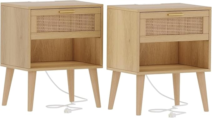 Irontar 17.7'' Wide Rattan Nightstand Set of 2, Bedroom Night Stand with Charging Station & Drawers, Boho Bed Side Table with Solid Legs, Accent End Side Table with Open Shlef, Natural