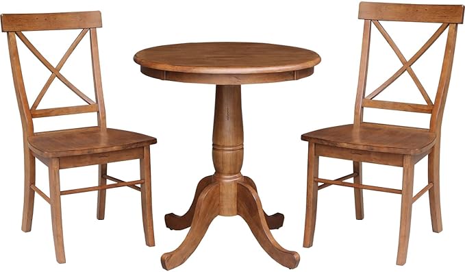 IC INTERNATIONAL CONCEPTS 30" Solid Wood Round Pedestal Table in Distressed Oak with 2 X-Back Chairs