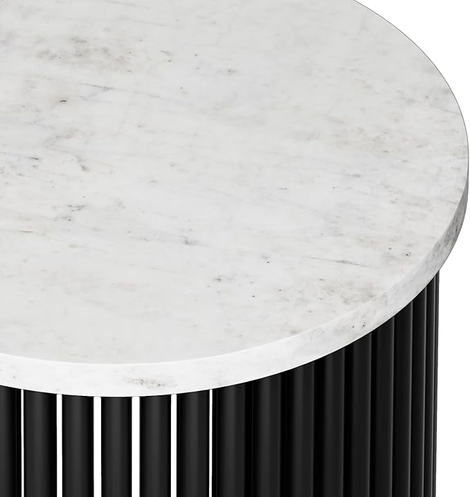 SIMPLIHOME Demy Metal Accent Table - 18 inch Wide Solid Metal Round Side Table with White Genuine Marble Top and Black Metal Base, Industrial End Table for Living Room with Compact Design, Assembled