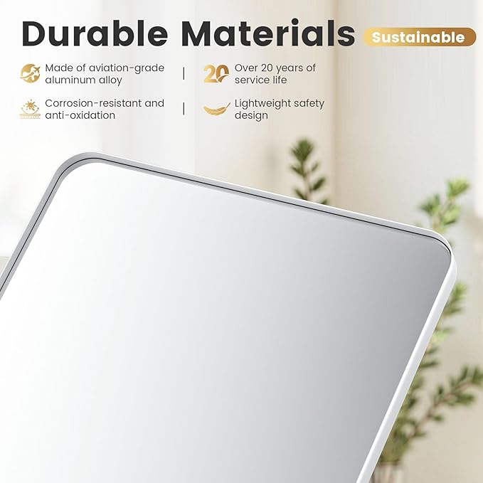 24" L x18 Bathroom Mirror Wall Mounted, Matte Aluminum Alloy Frame with Rounded Corners, Shatterproof Tempered Glass, Anti-Rust HD Vanity Mirror for Bathroom, Bedroom, Entryway (White)