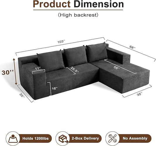 Nigoone 103" Boneless Sectional Couch with Right Chaise, Modular L Shaped Couches for Living Room, Large Gray Minimalist Modern Deep Seat Floor Sofa, No Assembly
