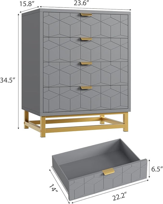 Grey Dresser, 4 Drawer Dresser for Bedroom, Modern Dressers with Gold Metal Handles for Living Room, Hallway, Entryway