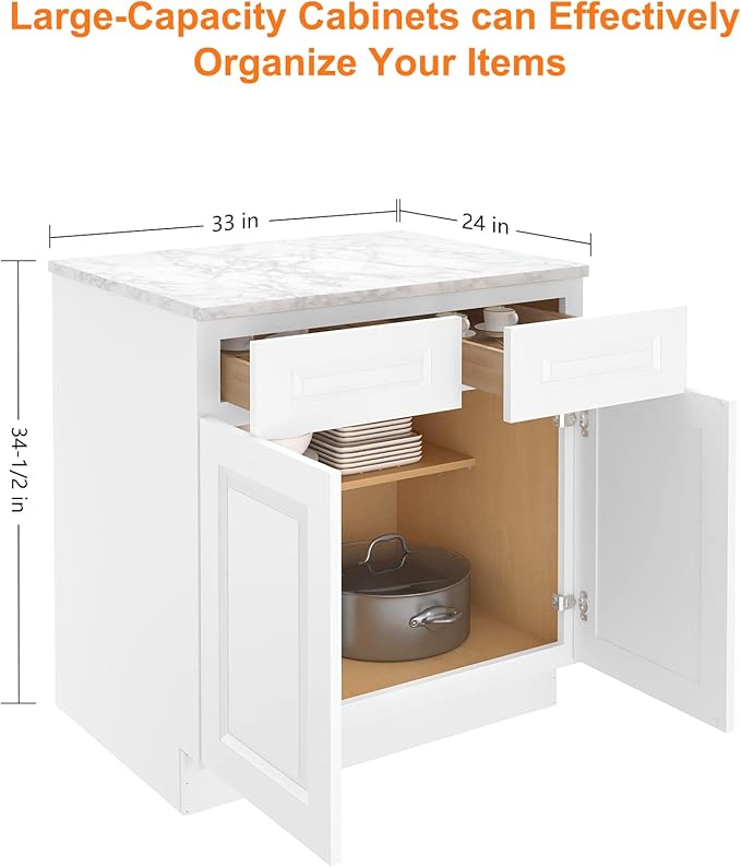 LOVMOR Kitchen Base Cabinets, Sideboard Storage Cabinet, Entryway Cabinet with 2-Drawers & Adjustable Shelf, 33" W X 24" D X 34-1/2"H