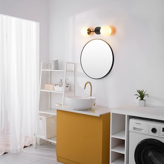 Globe Electric 52079 2-Light Wall Sconce, Matte Black, Antique Brass Accent Socket, Matte Opal Glass Shades, Modern Light for Living Room or Bedroom, Dimmer Switch Compatible, E26 Base