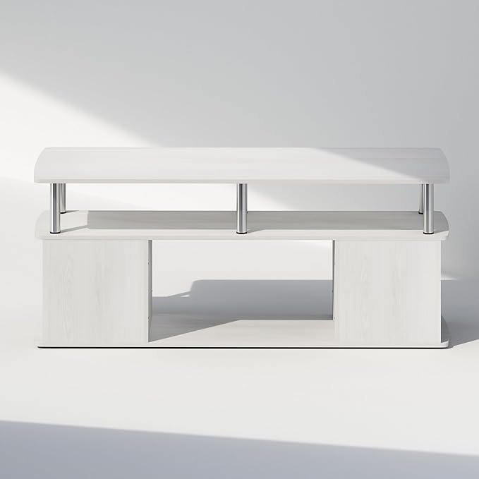 Furinno JAYA TV Stand, 3-Tier Entertainment Center with Open Shelf, TV Console for TV up to 50 Inch with Side Open Storage Compartments, for Living Room, Bedroom, White Oak/Stainless Steel Tubes