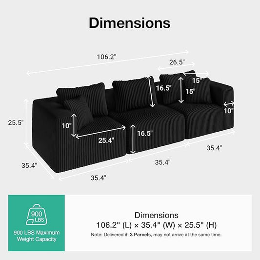 Novilla 106" Modular Sectional Sofa, Modern Cloud Sectional Couch with Smarts Coil® Support, Upholstered Boneless Couch for Living Room Apartments Bedroom, No Assembly Required (3 Seat)