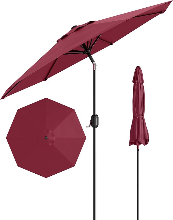 GarveeLife 9 ft Patio Umbrella, Outdoor Table Market Umbrella with Push Button Tilt and Crank, 8 Sturdy Ribs UV Protection Waterproof for Garden, Deck, Backyard, Pool (Dark Red)