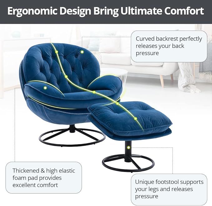 Velvet Swivel Accent Chair with Ottoman Set, Modern Lounge Chair with Metal Base Frame & Footrest, Comfortable Single Leisure Sofa Chair Reading Chair with 360 Degree Swiveling for Living Room, Blue