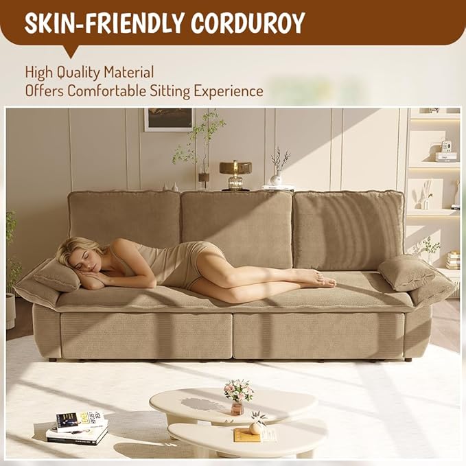 KEIKI 94.5'' King Sleeper Sofa Bed, Space-Saving 3-in-1 Pull Out Futon Couch, Modern Corduroy Loveseat Sofa with Reclining Back, Ideal for Apartment, Studio, Small Spaces