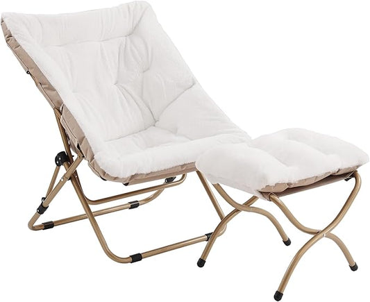 Tiita Folded Chair with Ottoman, Soft Faux Fur Oversized Folding Accent Chair,Lazy Chair, Metal Frame Moon Chair for Bedroom, Living Room, Dorm Rooms, Garden and Courtyard
