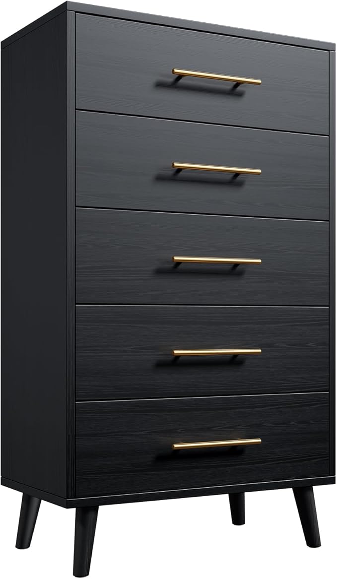 Aiho 5 Drawer Dresser, Tall Chest with Metal Handles, Wood Storage Organizer for Bedroom, Hallway, or Living Room, Black