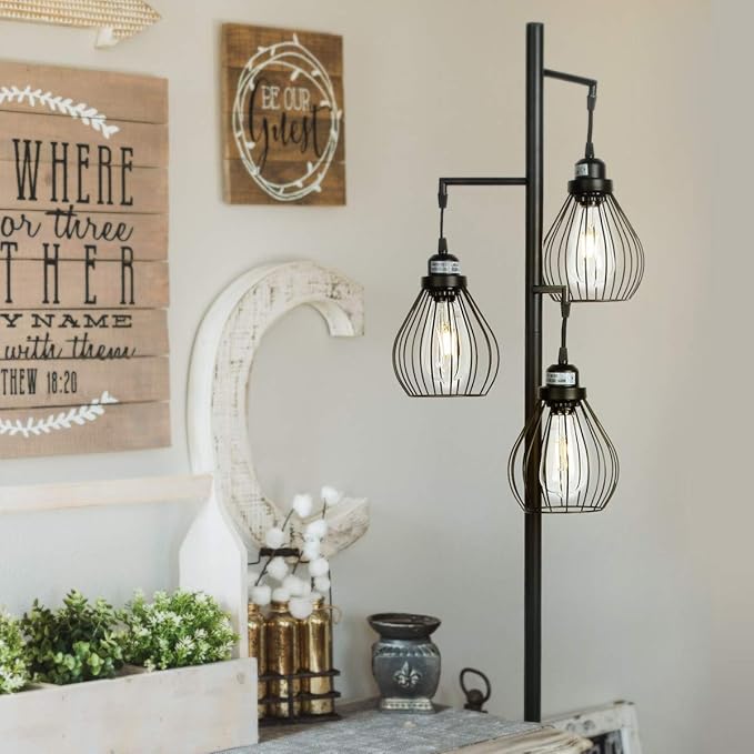 Brightech Teardrop - Modern LED Floor Lamp for Bedroom, Office, Living Room – Tall Industrial Standing Tree Lamp with 3 Elegant Cage Lamp Shades, Bright Edison Bulbs – Black