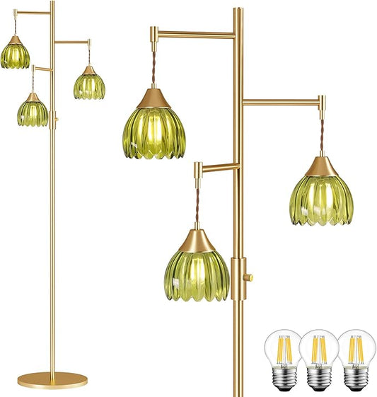 Dimmable Floor Lamp for Living Room, Bedroom, Gold Standing Lamp with 3pcs 6W Bulbs, Vintage Brass Floor Lamps for Corner, Nursery (Green Tulip)