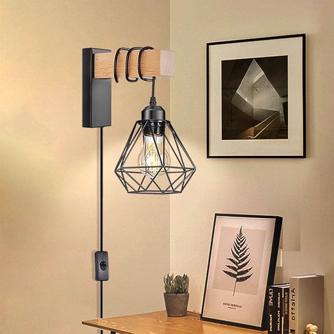 Plug in Wall Sconces Set of Two,Farmhouse Wall Mounted Lights with Plug in Cord,Black Rustic Wall Lamp for Bedroom Bedside Living Room,with Wood Arm and 70.8inch On/Off Switch Cord,2 Pack