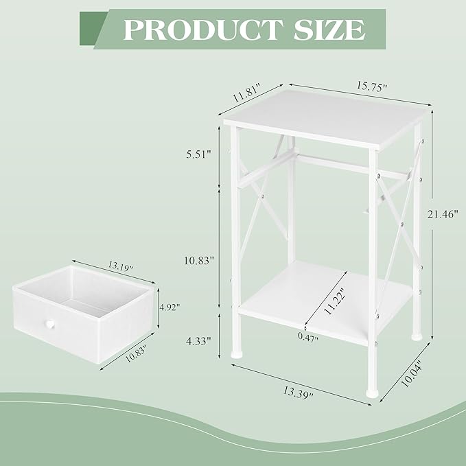 VECELO Nightstand, X-Design End Side Table with Fabric Storage Drawer and Open Shelf, Bedside Night Stand with Steel Frame for Bedroom, Living Room,Dorm, Easy Assembly, White