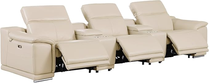 BlackJack Furniture Venice Top Grain Italian Leather Power Recline 8 Piece 5 Seater Sofa - 134" Theater Seating Modern Couch for Living Room Apartment with Adjustable Headrests & USB Port, Beige