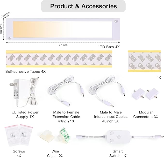 4pack 7inch Dimmable LED Kitchen Light Kit, 2700-6000K Smart Closet Cabinet Lighting Fixture APP Control, Work with Alexa, Google Assistant, for Under Counter, Garage, Pantry (White)
