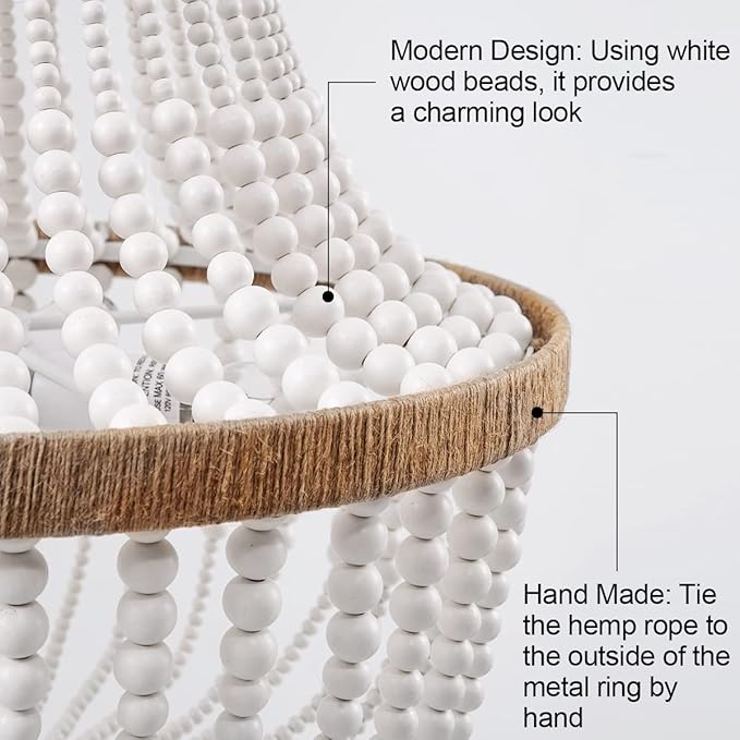 4 Lights Wood Beaded Farmhouse Chandelier with Tassels Bohemia Antique Rustic Pendant Light for Bedroom Kitchen Island Dining Living Room Foyer, White, Dia 17 Inch