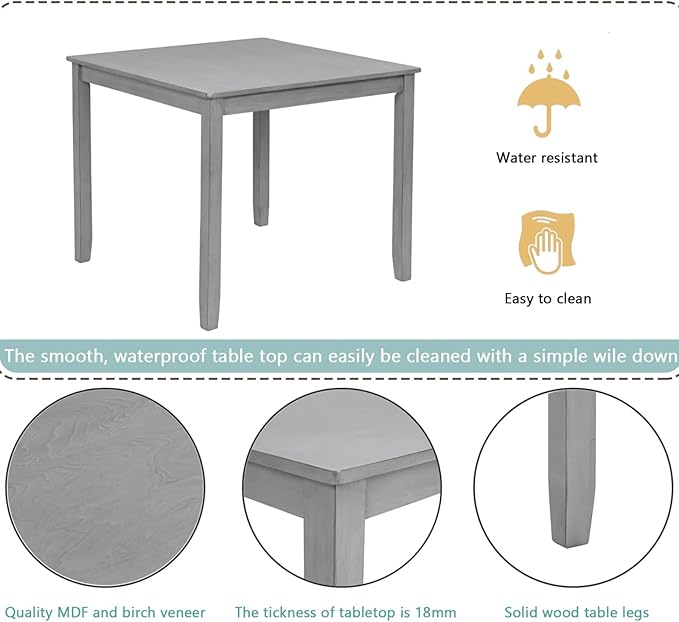 Dining Table for 4, Wooden Square Kitchen Table with Natural Woodgrain Finish, 34.5" MDF Modern Dining Table with Solid Wood Tapered Legs and Rounded Corners, Easy Assembly, Gray