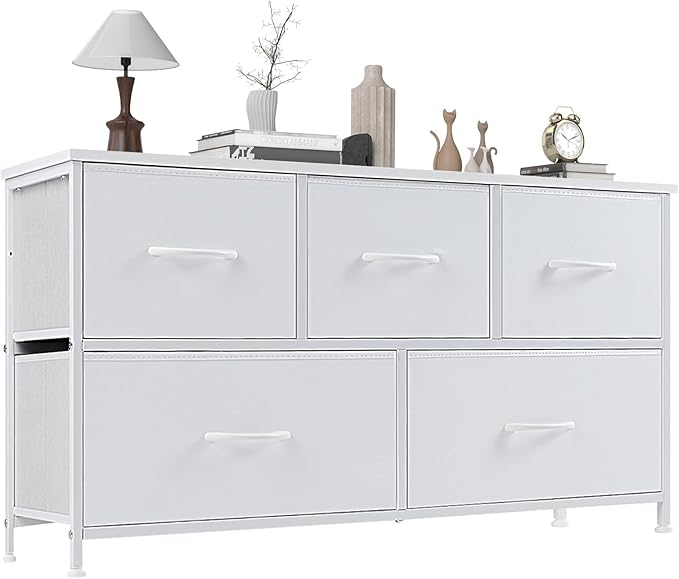 OLIXIS 5 Drawer Dresser Nightstand Classic White, Wooden Top Metal Frame Fabric Storage Organizer for Bedroom Living Room Entryway, Wide TV Stand Closet Chest Furniture