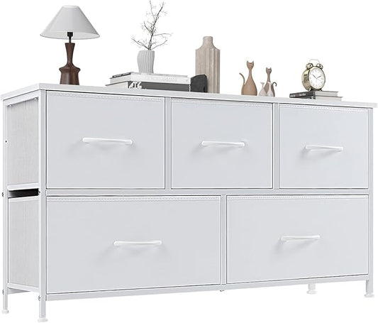 OLIXIS 5 Drawer Dresser Nightstand Classic White, Wooden Top Metal Frame Fabric Storage Organizer for Bedroom Living Room Entryway, Wide TV Stand Closet Chest Furniture