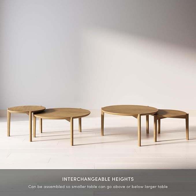 Nathan James Kendall Round Modern Nesting Coffee Set of 2, Stacking Living Room Accent Tables, Light Brown