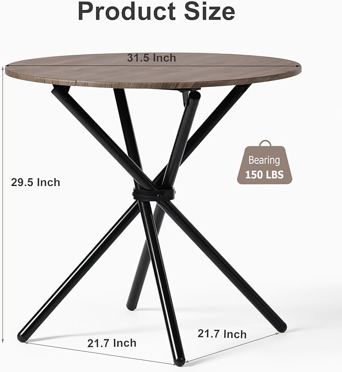FurnitureR 31.5-Inch Round Dining Table for 2-4 People, Wooden Kitchen Table with Intersecting Pedestal Base and Metal Legs, Multifunctional for Café, Restaurant, and Home Dining, Brown