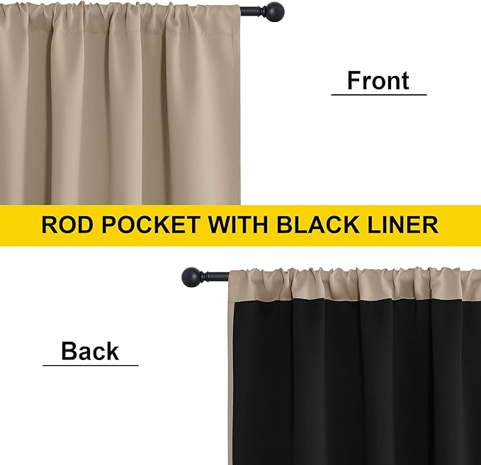 NICETOWN 100% Blackout Curtains for Living Room, Taupe W52 x L84 Set of 2 Light Blocking & Soundproof Drapes,Rod Pocket Black Lined Window Treatment Panels for Patio Sliding Glass Door