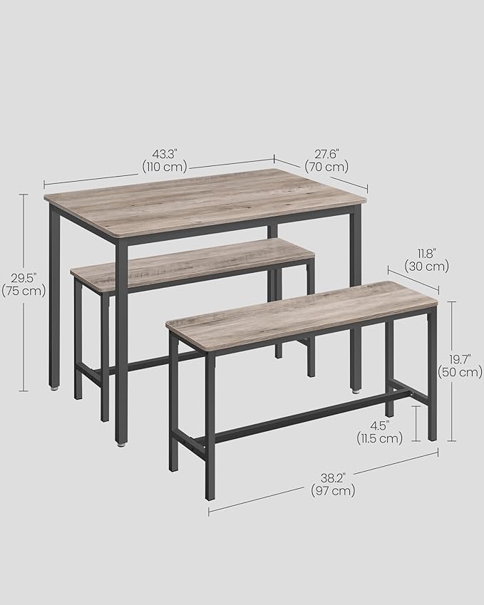 VASAGLE Dining Table Set for 4, Kitchen Table with 2 Benches, 43.3 x 27.6 x 29.5 Inches Dining Room Table, 38.2 x 11.8 x 19.7 Inches Bench, Heather Greige and Ink Black UKDT070B02