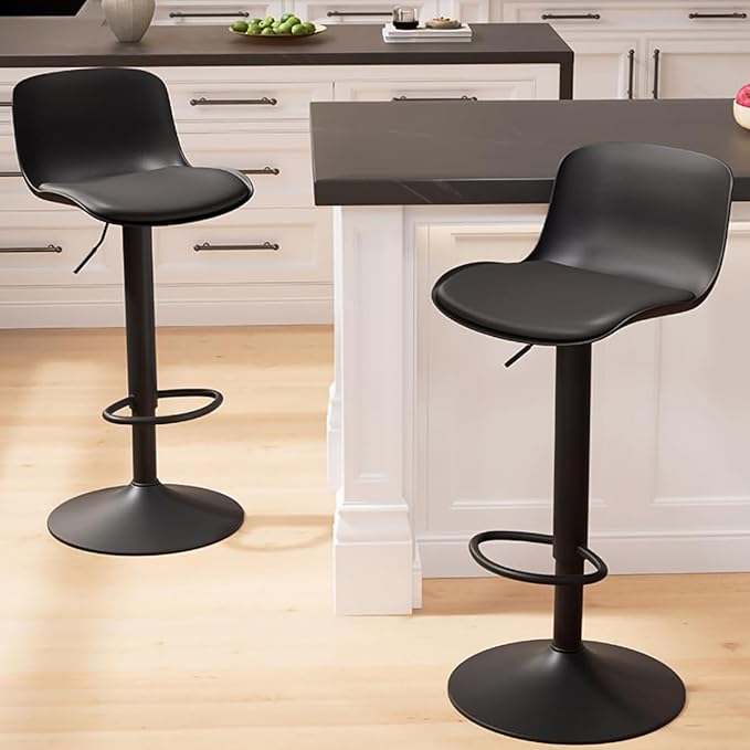 Kidol & Shellder Bar Stools Set of 2 Black Adjustable Swivel Barstools Modern PU Leather Upholstered Counter Height Stools,Armless with Back Bar Chairs for Kitchen Island