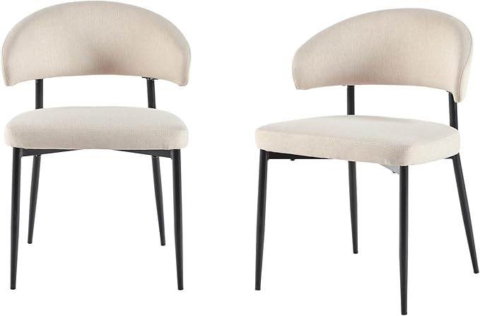 Walker Edison Modern Curved Back Upholstered Dining Chair with High-Performance Woven Upholstery and Powder Coated Steel Base, 2pk, Ivory