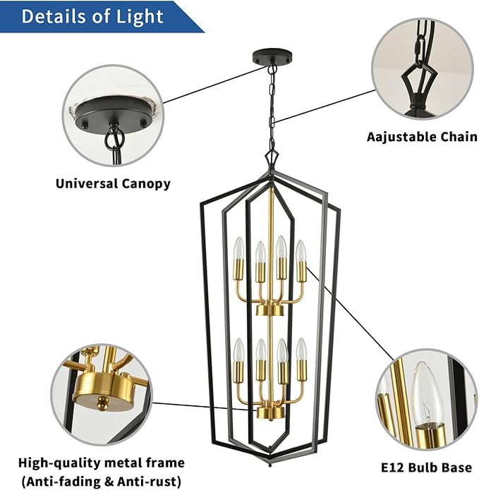 WJShome 8-Light Lantern Tiered Pendant Light Fixtures, Black and Gold Farmhouse Chandelier, Foyer Chandeliers for High Ceilings, for Dining Room, Living Room, Entryway, Staircase