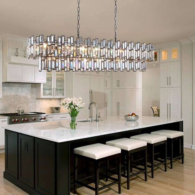 Black Contemporary Chandelier Foyer Entryway Lighting, 2-Tier Large Foyer Entrance Chandeliers for Living Room Kitchen Island High Ceiling Big Crystal Chandelier(Length 55.1 inch 21 Lights)
