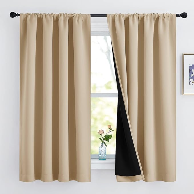 NICETOWN Bedroom Full Blackout Cold Blocking Curtain Panels, Super Thick Insulated Window Covers, Rod Pocket Draperies with Black Liner for Short Window (Biscotti Beige, Set of 2, 52 by 63-inch)