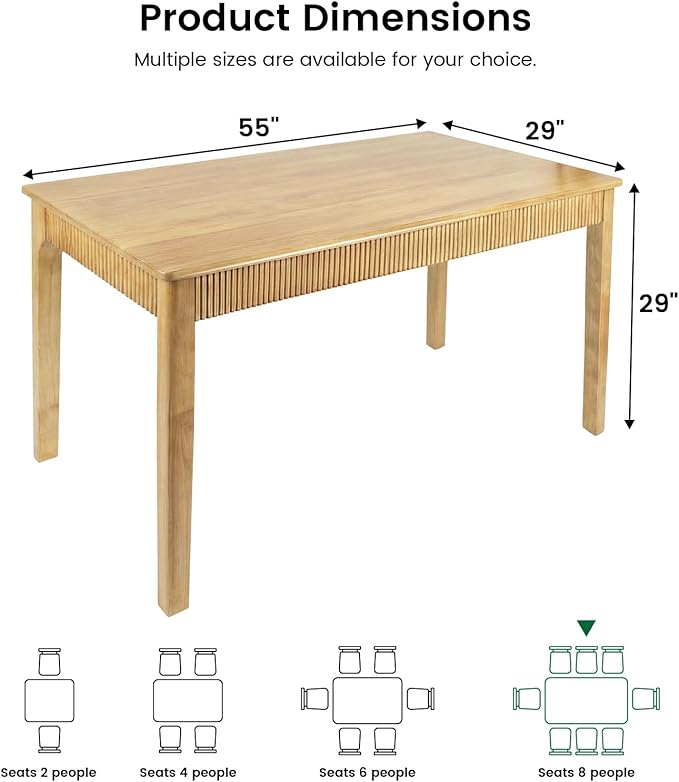 55" Solid Wood Dining Room Table for 4-6,Modern Farmhouse Rectangular Kitchen Real Wooden Table,Mid Century Fluted Design Large Furniture Desk for Home,Apartment,Living Room Nature