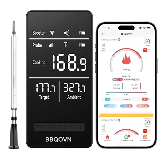 Smart WiFi Wireless Meat Thermometer, Sub-1G Long Range 1000FT, 7 NIST Certified Sensors in 1 Thin Probe ±0.5℉ Accuracy, Standalone Base with Large LED Screen for BBQ Grill Smoker Oven-Black
