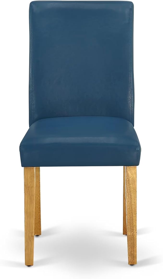 East West Furniture ANAB3-OAK-55 3 Piece Kitchen Table & Chairs Set Contains a Round Dining Room Table with Pedestal and 2 Oasis Blue Faux Leather Parsons Chairs, 36x36 Inch, Oak