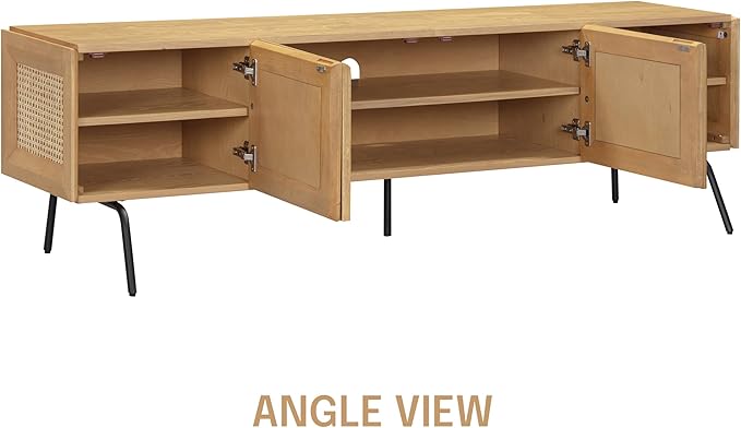 NTC Mossic TV Media Cabinet with 4 Doors for TVs, Entertainment Center with Natural Rattan, Metal Legs, Modern Storage Console for Living Room and Bedroom, Effortless Assembly, Sand