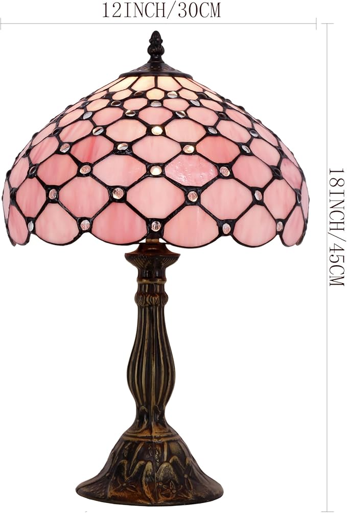 WERFACTORY Tiffany Lamp Pink Stained Glass Bead Table Lamp Desk Bedside Reading Light 12X12X18 Inches Deco Bedroom Living Room Home Office S005 Series