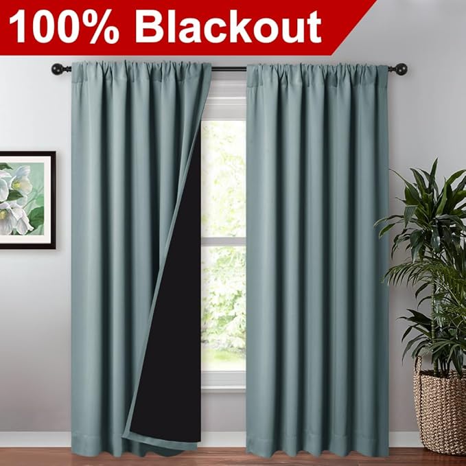NICETOWN 100% Blackout Curtains for Living Room, Privacy Protection & Noise Reducing Drapes, Black Lined Window Treatment Panels for Patio Sliding Glass Door (Greyish Blue, 2 Pieces, W52 x L84)