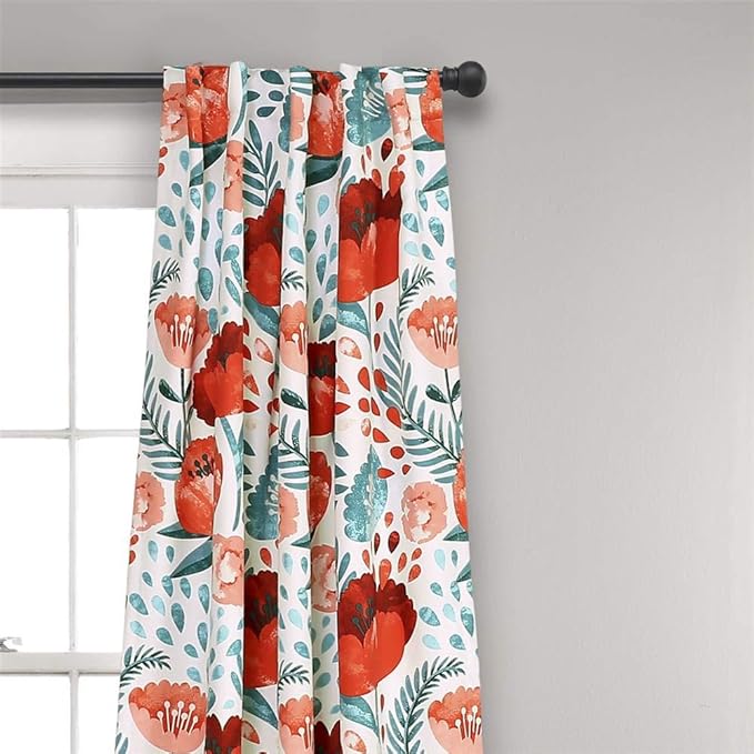 Lush Decor x 52” Multicolored Poppy Garden Curtains Light Filtering Window Set for Living, Dining, Bedroom, 108 in L Panel Pair, Multi