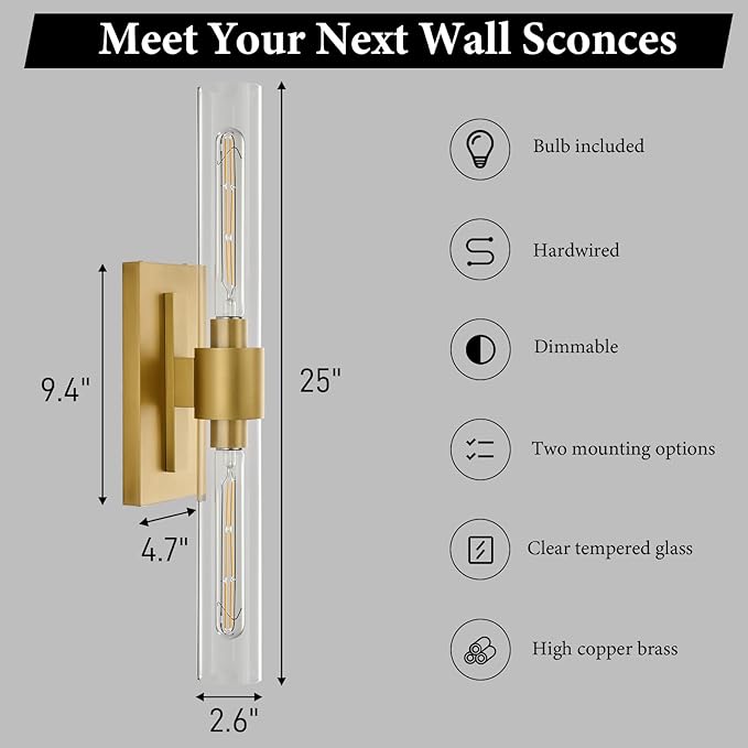 Champagne Brass Bathroom Wall Sconce - Modern Gold Light Sconces - Dimmable Lighting Fixtures - Vertical or Horizontal Mounted Clear Glass Tube Vanity Lights for Indoor Living Room Hallway