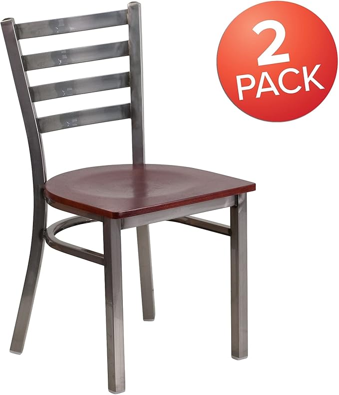 Flash Furniture 2 Pk. HERCULES Series Clear Coated Ladder Back Metal Restaurant Chair - Mahogany Wood Seat
