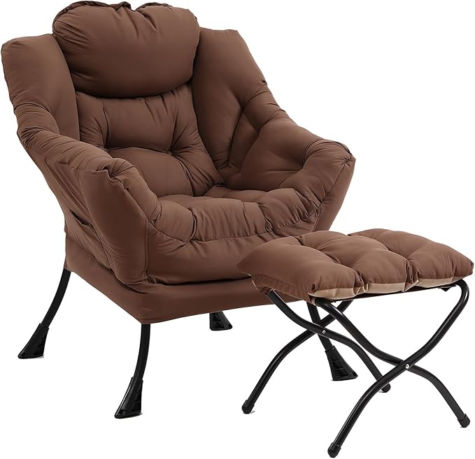 Lazy Chair with Ottoman, Modern Accent Chair with Folding Footrest, Dark Brown Sofa Chair Set, Comfortable Reading Chairs, Oversized Armchairs for Bedroom, Study, Living Room, Courtyard