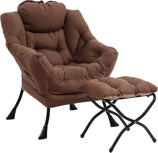 Lazy Chair with Ottoman, Modern Accent Chair with Folding Footrest, Dark Brown Sofa Chair Set, Comfortable Reading Chairs, Oversized Armchairs for Bedroom, Study, Living Room, Courtyard