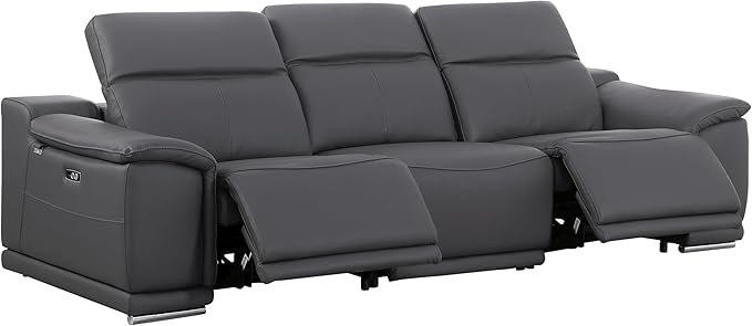 Blackjack Furniture Venice Top Grain Italian Leather Recliner 5 Seater 4 Power Reclining Seater 2 Piece Sofa Set with Adjustable Headrests Modern Seating Sofa and Loveseat for Living Room, Dark Grey