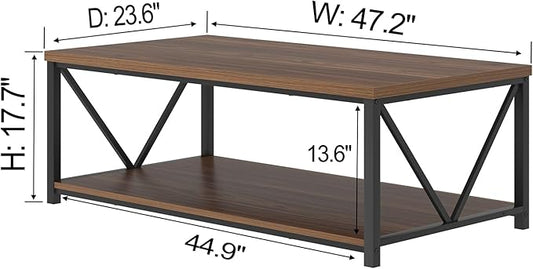 FOLUBAN Modern Coffee Table, Wood and Metal Center Table with Storage, Industrial Cocktail Table for Living Room, Rustic Walnut, 47 Inch